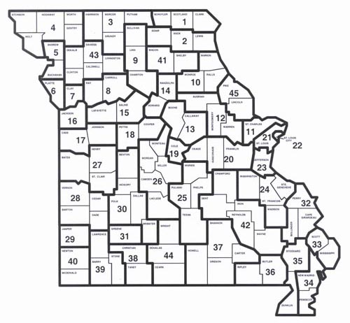 map showing circuit court divisions in Missouri
